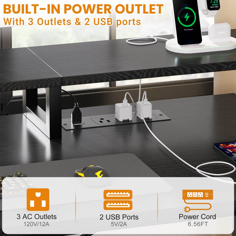 59'' Gaming Desk with LED Strip, Power Outlets & File Drawers, Reversible