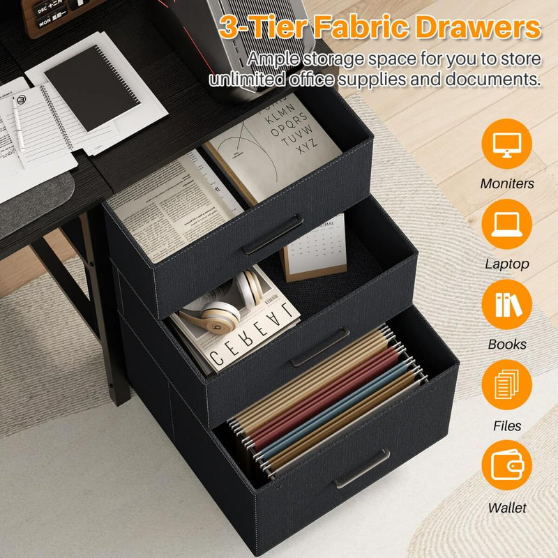 59'' Gaming Desk with LED Strip, Power Outlets & File Drawers, Reversible