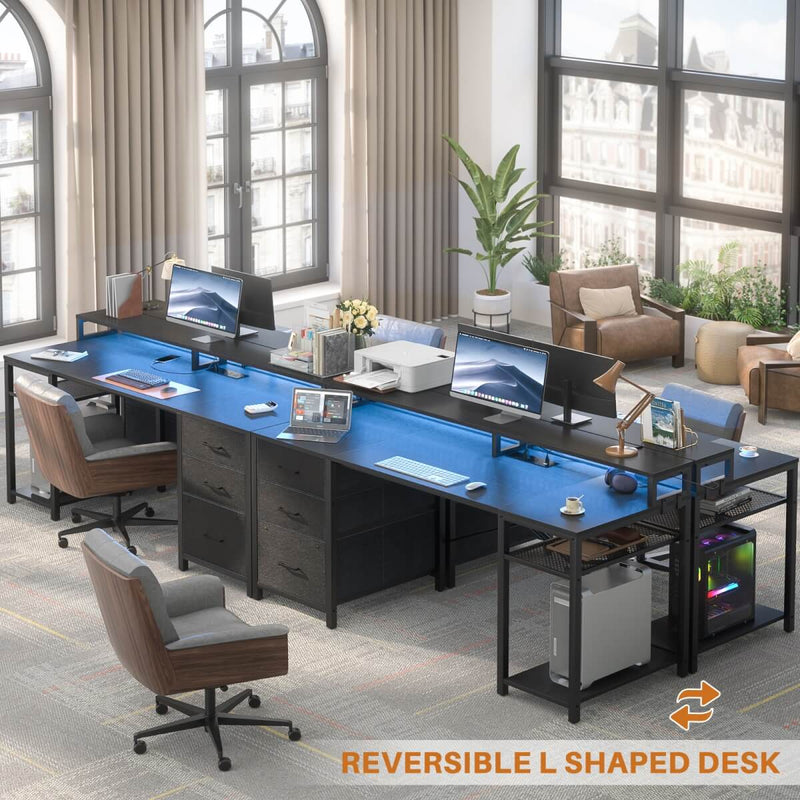 59'' Gaming Desk with LED Strip, Power Outlets & File Drawers, Reversible