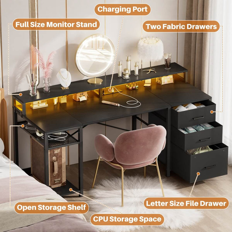 59'' Gaming Desk with LED Strip, Power Outlets & File Drawers, Reversible