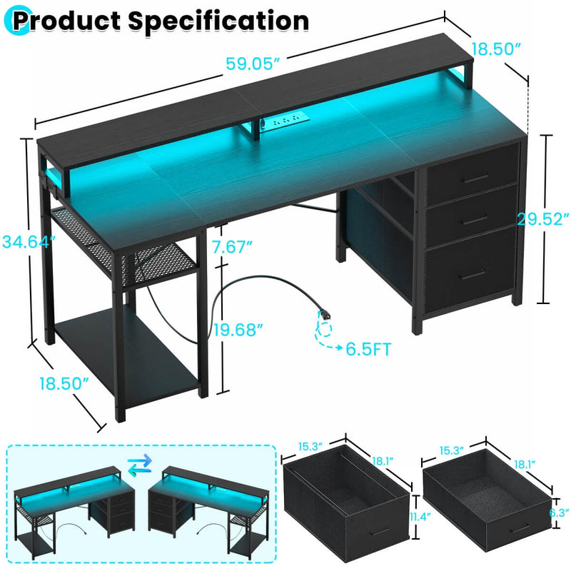 59'' Gaming Desk with LED Strip, Power Outlets & File Drawers, Reversible