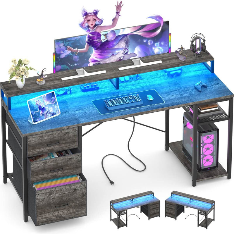 59'' Gaming Desk with LED Strip, Power Outlets & File Drawers, Reversible