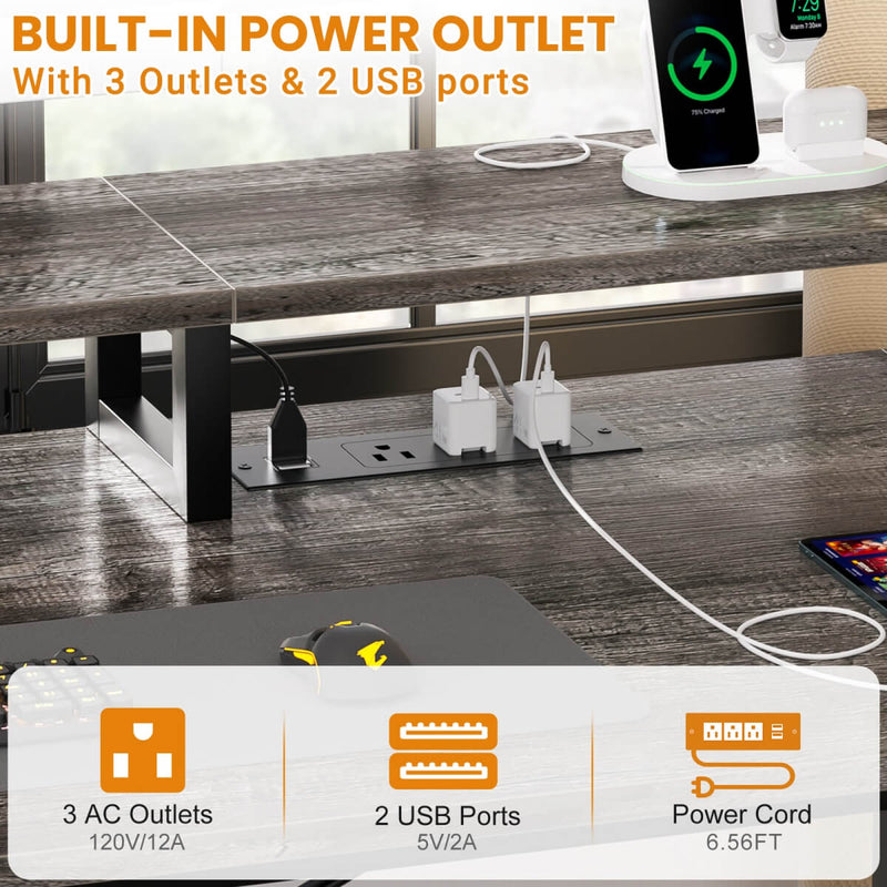 59'' Gaming Desk with LED Strip, Power Outlets & File Drawers, Reversible