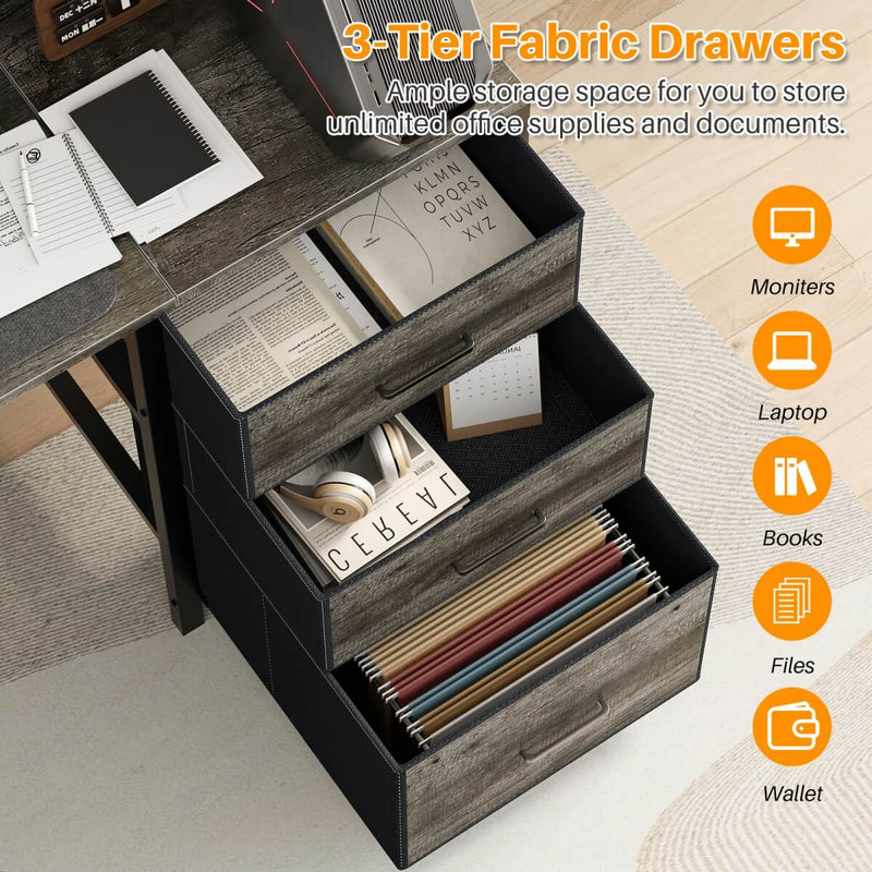 59'' Gaming Desk with LED Strip, Power Outlets & File Drawers, Reversible