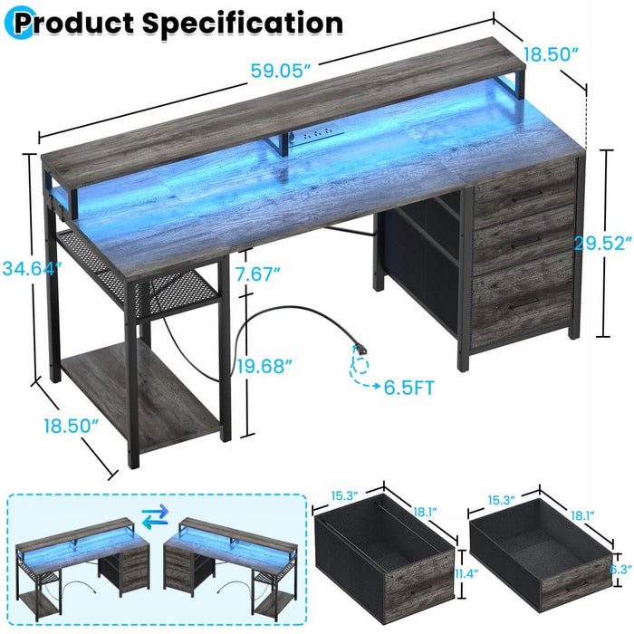59'' Gaming Desk with LED Strip, Power Outlets & File Drawers, Reversible