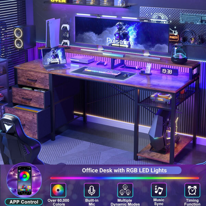 59'' Gaming Desk with LED Strip, Power Outlets & File Drawers, Reversible