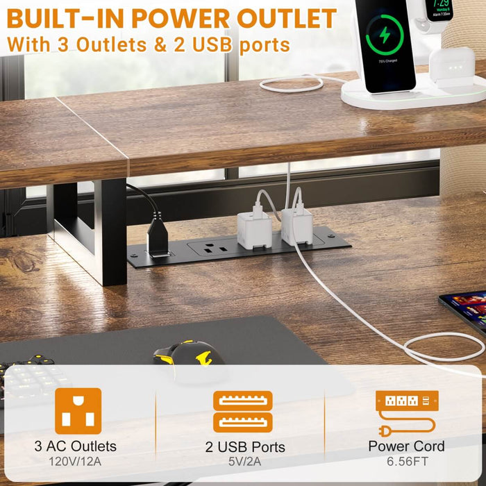59'' Gaming Desk with LED Strip, Power Outlets & File Drawers, Reversible