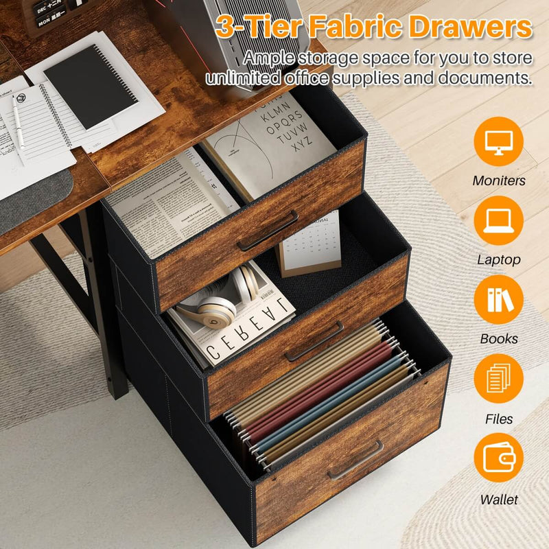 59'' Gaming Desk with LED Strip, Power Outlets & File Drawers, Reversible