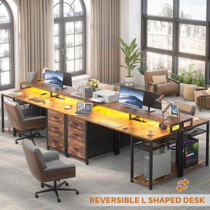 59'' Gaming Desk with LED Strip, Power Outlets & File Drawers, Reversible