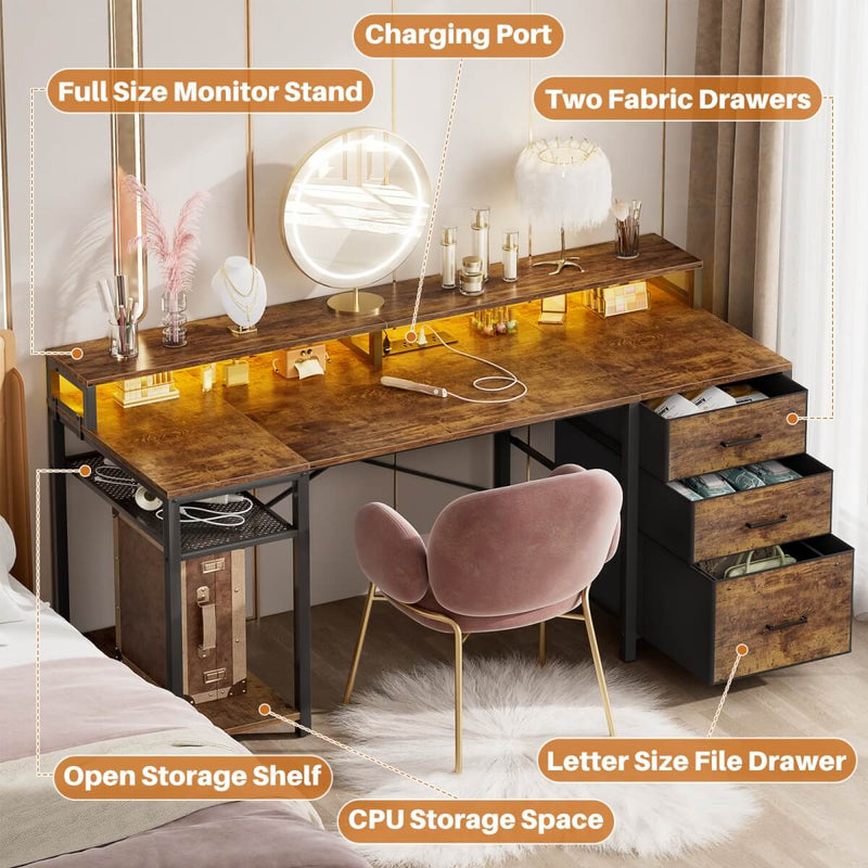 59'' Gaming Desk with LED Strip, Power Outlets & File Drawers, Reversible