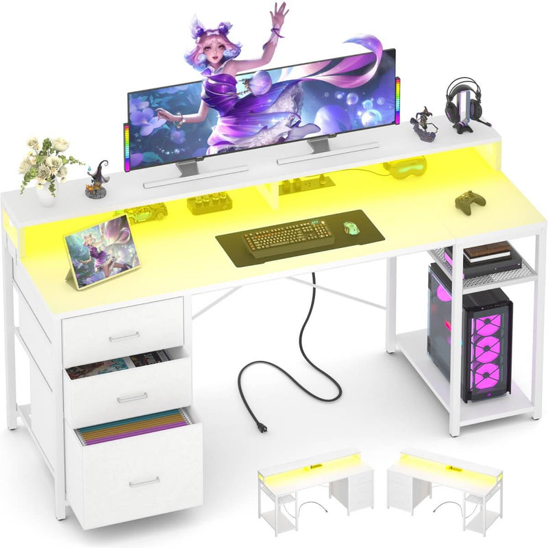 59'' Gaming Desk with LED Strip, Power Outlets & File Drawers, Reversible