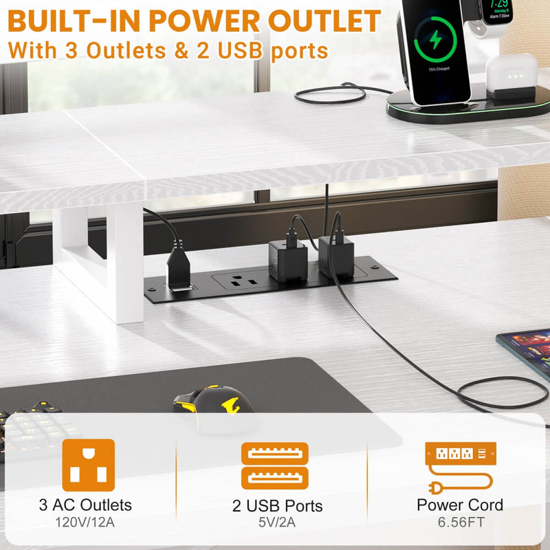 59'' Gaming Desk with LED Strip, Power Outlets & File Drawers, Reversible
