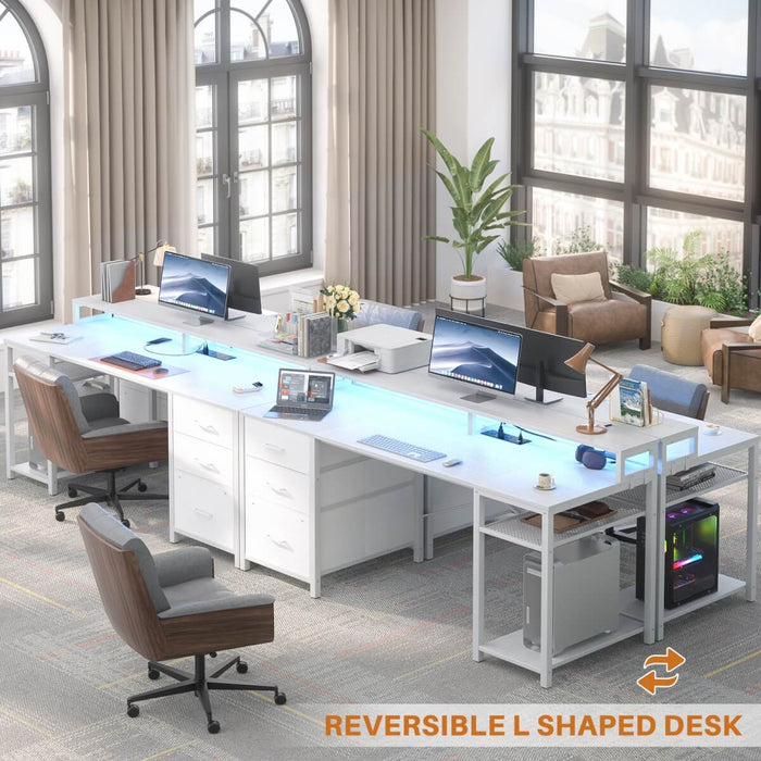 59'' Gaming Desk with LED Strip, Power Outlets & File Drawers, Reversible
