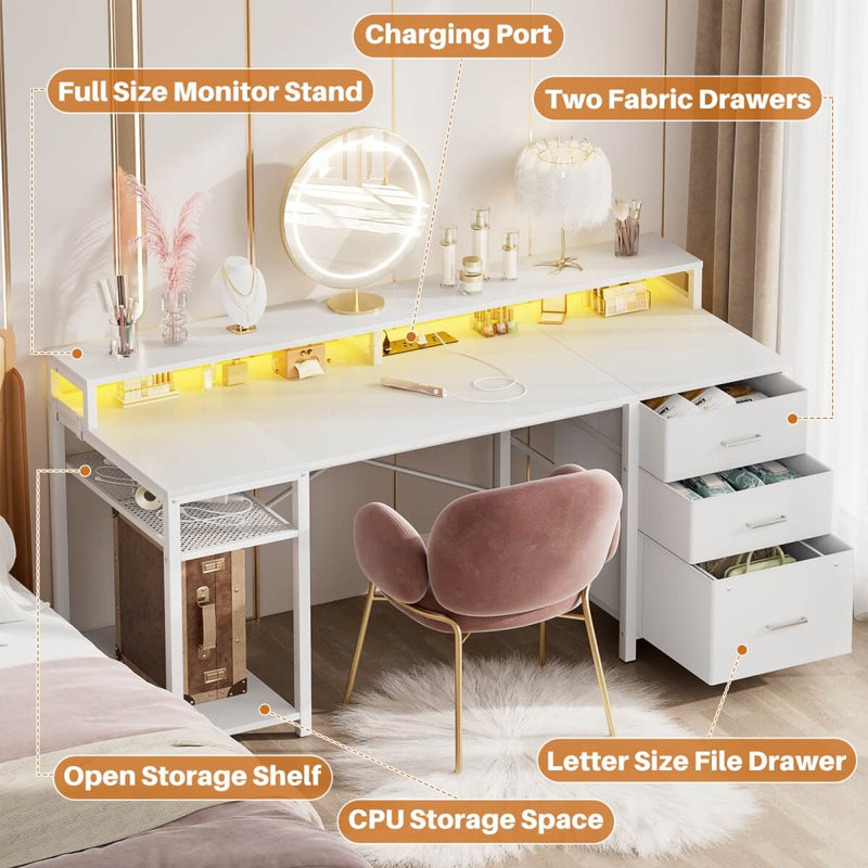 59'' Gaming Desk with LED Strip, Power Outlets & File Drawers, Reversible