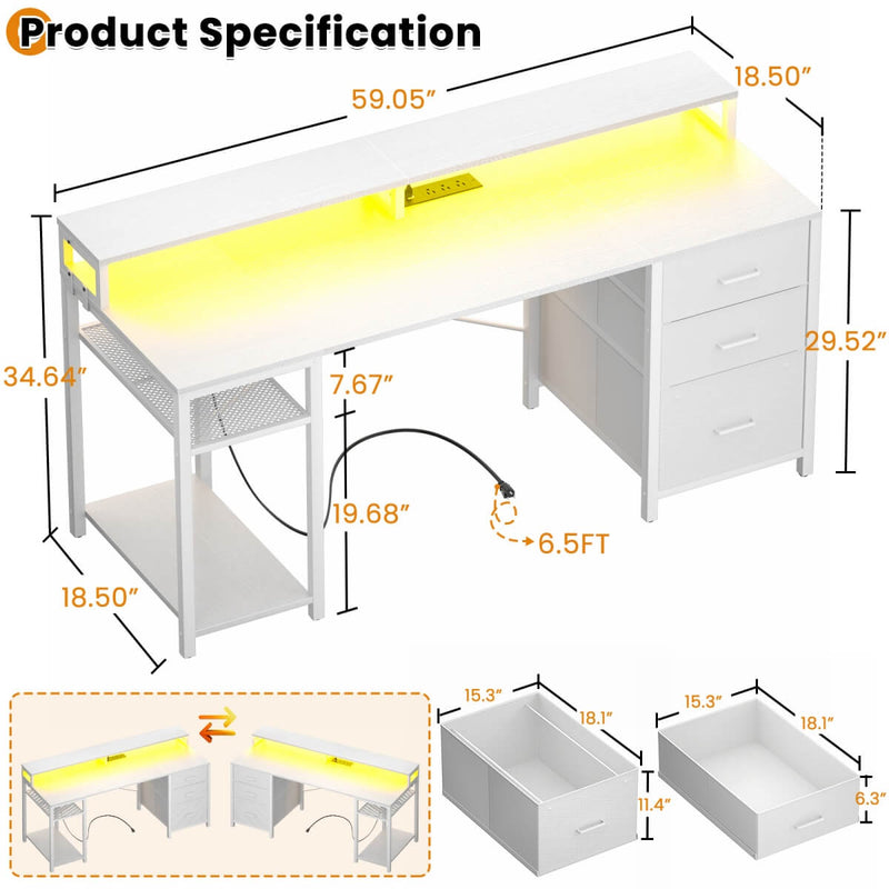 59'' Gaming Desk with LED Strip, Power Outlets & File Drawers, Reversible