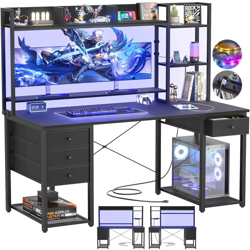 55.2'' Gaming Desk with LED Light & Outlets, Hutch and 3 Fabric Drawers, Reversible