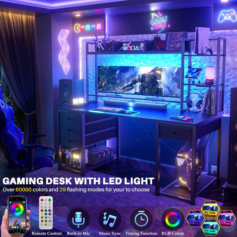 55.2'' Gaming Desk with LED Light & Outlets, Hutch and 3 Fabric Drawers, Reversible