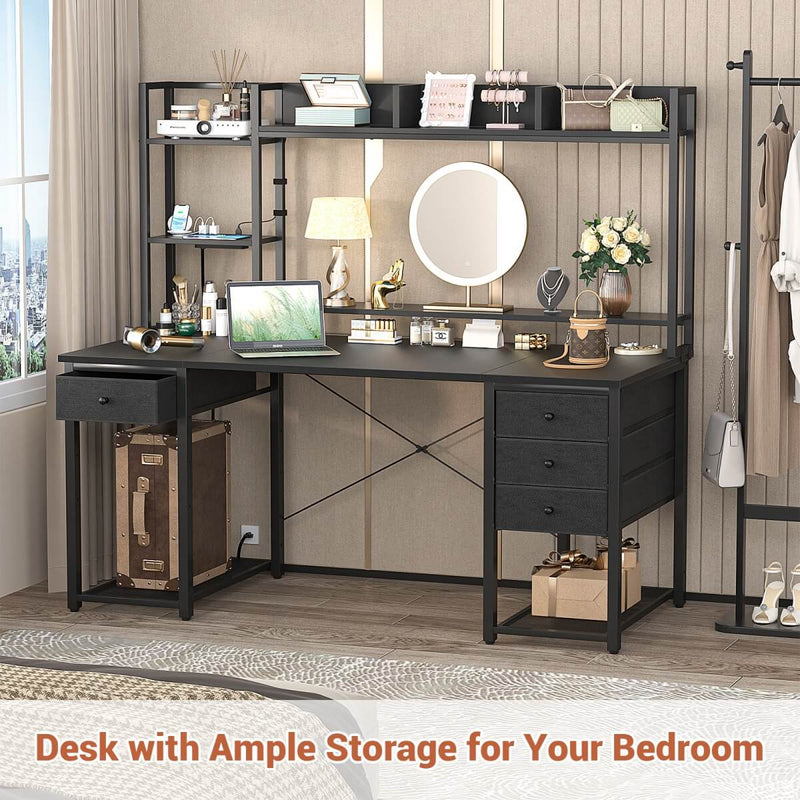 55.2'' Gaming Desk with LED Light & Outlets, Hutch and 3 Fabric Drawers, Reversible