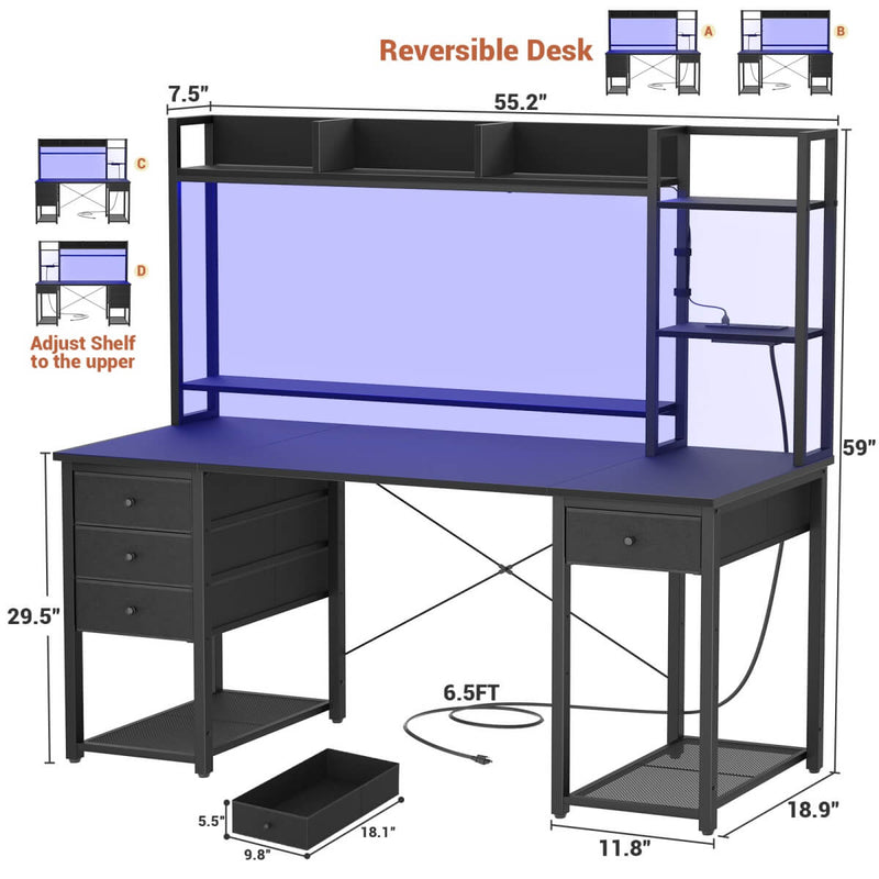 55.2'' Gaming Desk with LED Light & Outlets, Hutch and 3 Fabric Drawers, Reversible