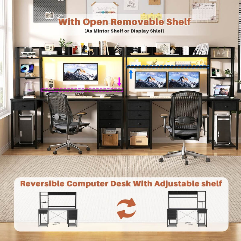 55.2'' Gaming Desk with LED Light & Outlets, Hutch and 3 Fabric Drawers, Reversible