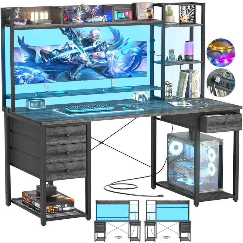 55.2'' Gaming Desk with LED Light & Outlets, Hutch and 3 Fabric Drawers, Reversible