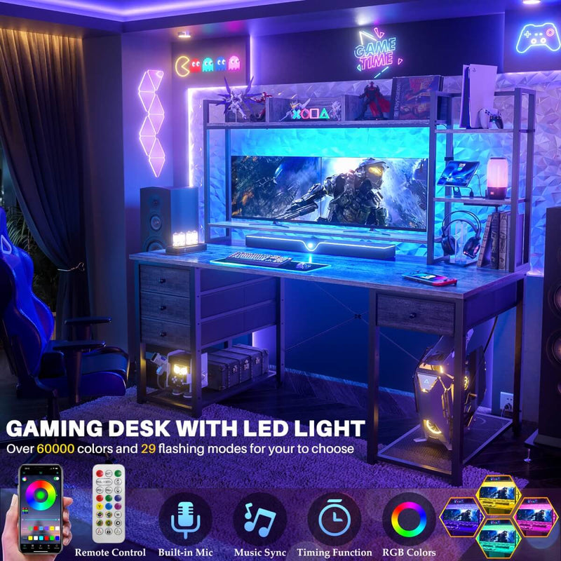 55.2'' Gaming Desk with LED Light & Outlets, Hutch and 3 Fabric Drawers, Reversible