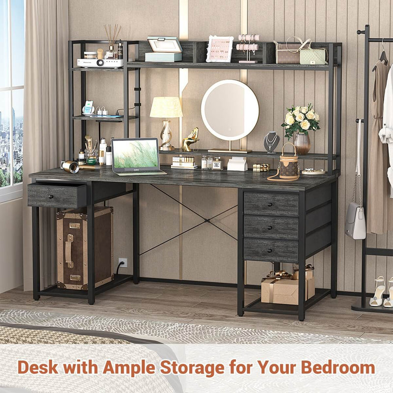 55.2'' Gaming Desk with LED Light & Outlets, Hutch and 3 Fabric Drawers, Reversible