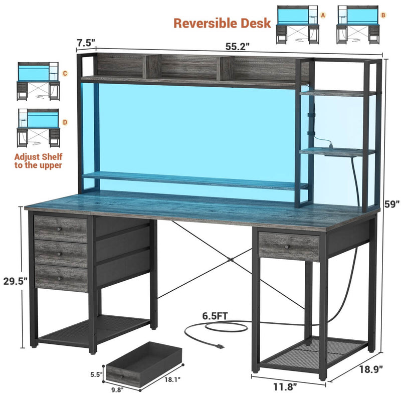 55.2'' Gaming Desk with LED Light & Outlets, Hutch and 3 Fabric Drawers, Reversible