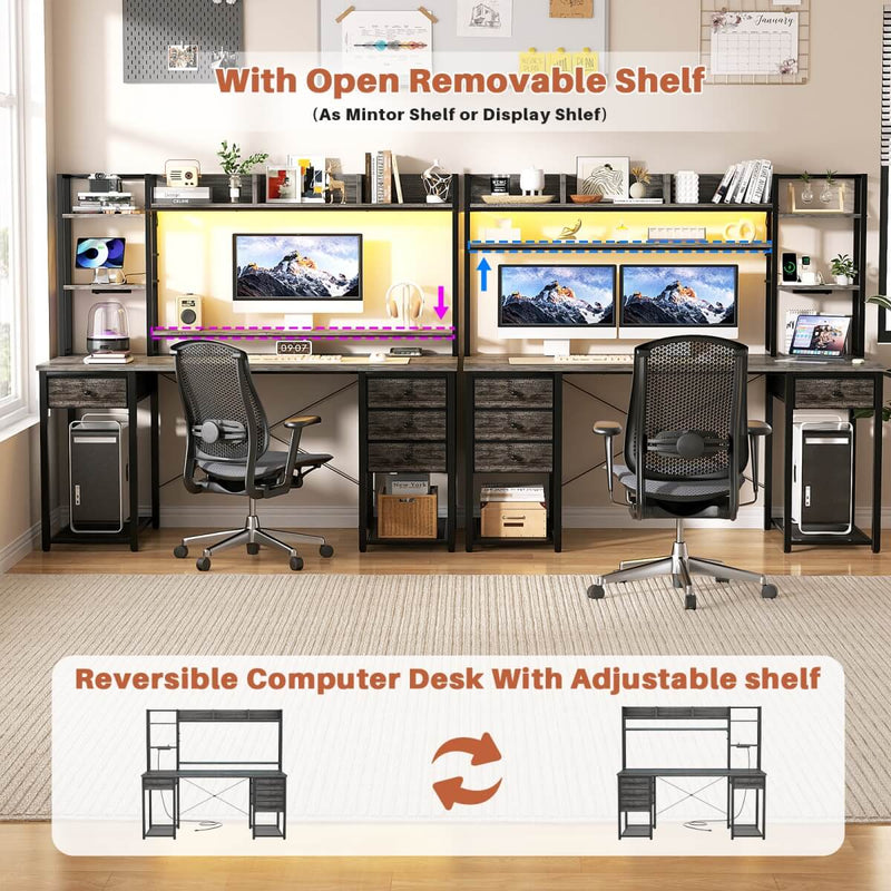 55.2'' Gaming Desk with LED Light & Outlets, Hutch and 3 Fabric Drawers, Reversible