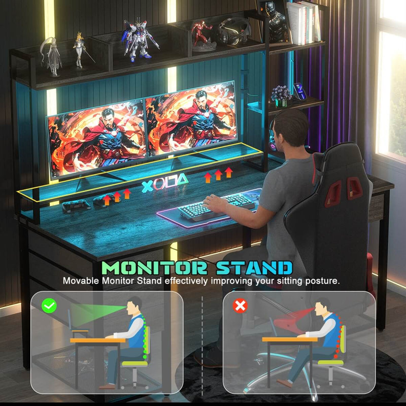 55.2'' Gaming Desk with LED Light & Outlets, Hutch and 3 Fabric Drawers, Reversible
