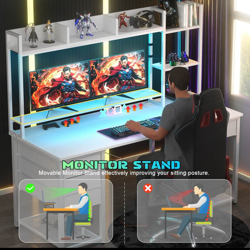 55.2'' Gaming Desk with LED Light & Outlets, Hutch and 3 Fabric Drawers, Reversible