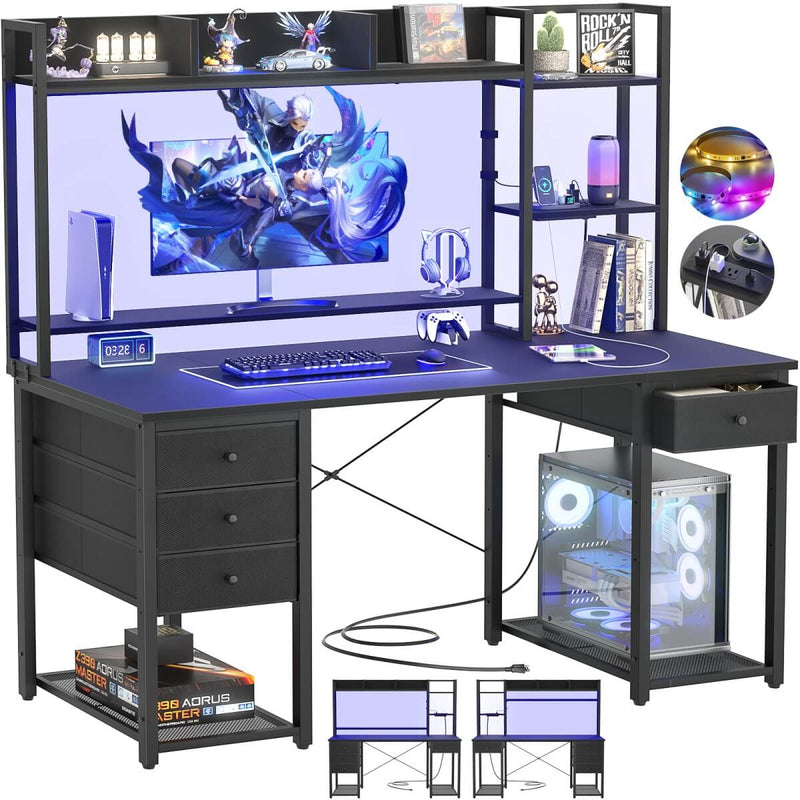 47.2'' Gaming Desk with Hutch, LED & Outlets | Reversible Office Desk with Drawers