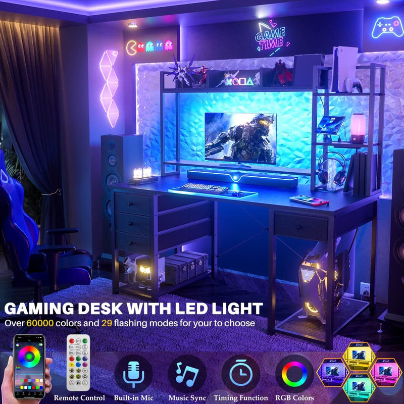 47.2'' Gaming Desk with Hutch, LED & Outlets | Reversible Office Desk with Drawers