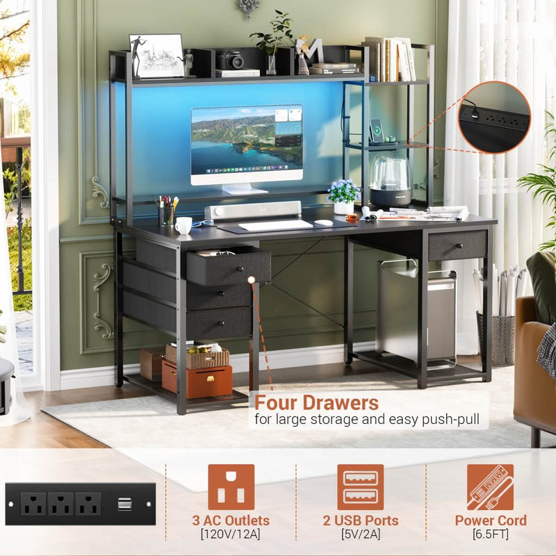 47.2'' Gaming Desk with Hutch, LED & Outlets | Reversible Office Desk with Drawers