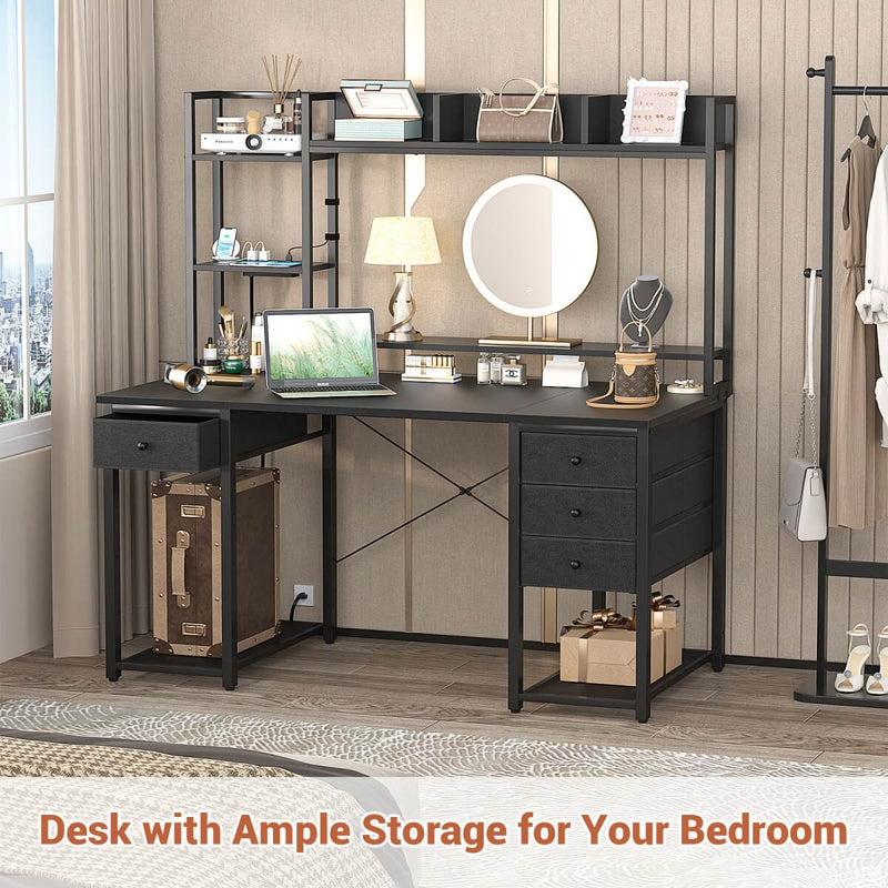 47.2'' Gaming Desk with Hutch, LED & Outlets | Reversible Office Desk with Drawers