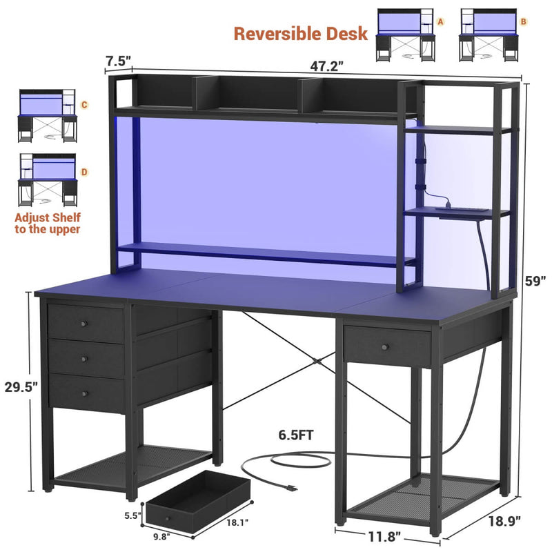 47.2'' Gaming Desk with Hutch, LED & Outlets | Reversible Office Desk with Drawers
