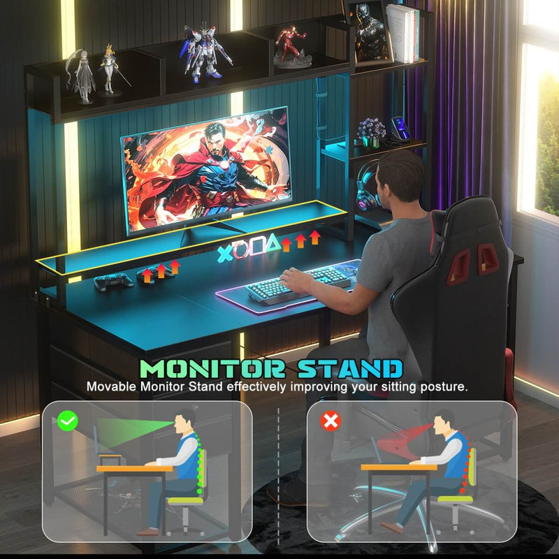 47.2'' Gaming Desk with Hutch, LED & Outlets | Reversible Office Desk with Drawers