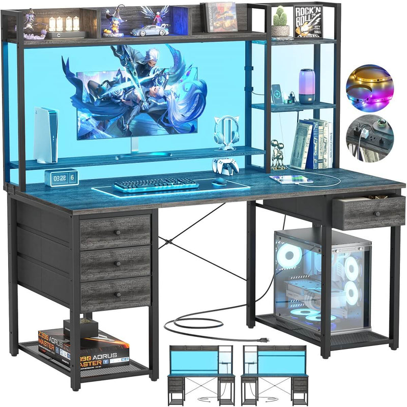 47.2'' Gaming Desk with Hutch, LED & Outlets | Reversible Office Desk with Drawers