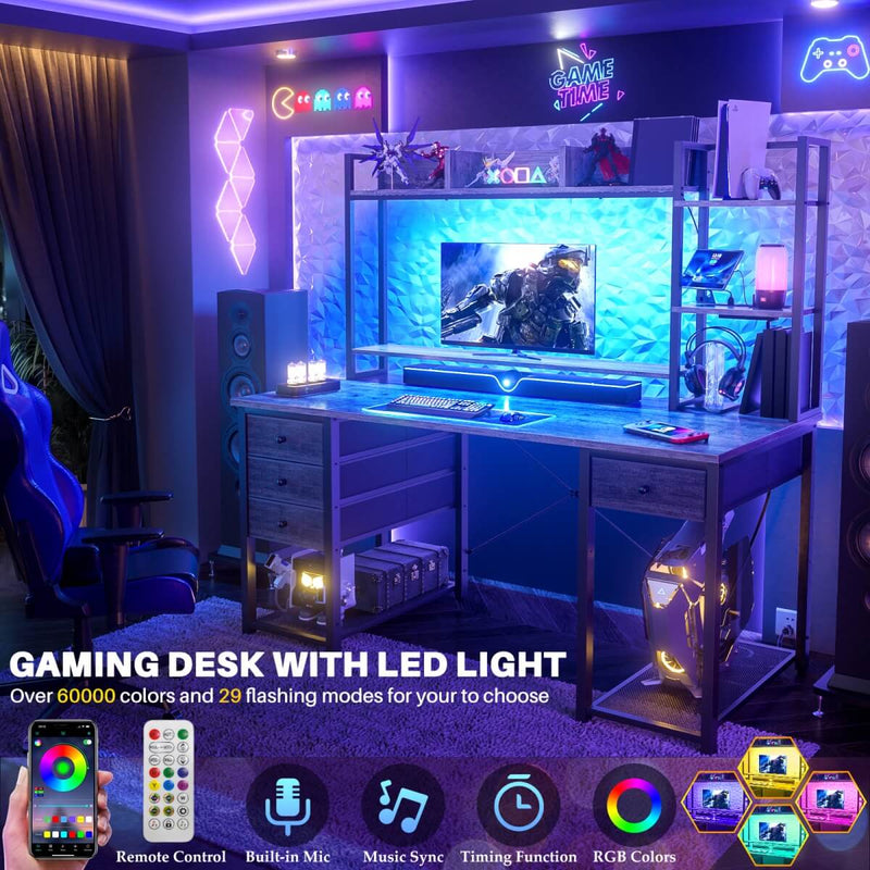 47.2'' Gaming Desk with Hutch, LED & Outlets | Reversible Office Desk with Drawers