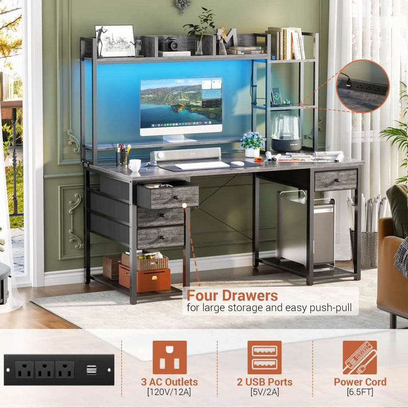 47.2'' Gaming Desk with Hutch, LED & Outlets | Reversible Office Desk with Drawers