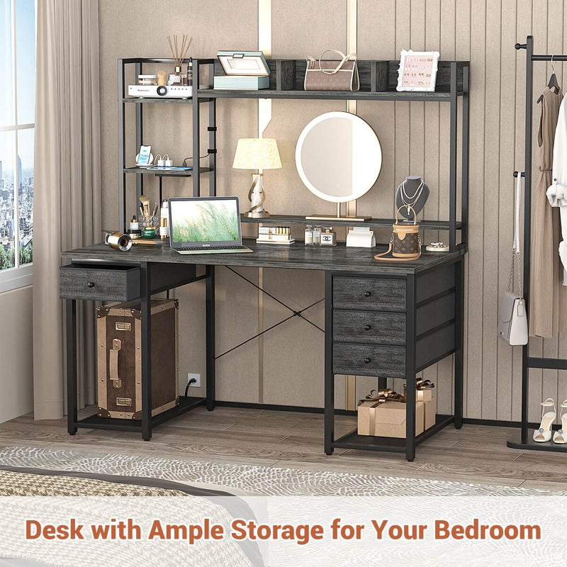 47.2'' Gaming Desk with Hutch, LED & Outlets | Reversible Office Desk with Drawers