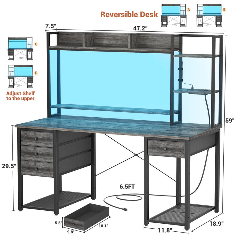47.2'' Gaming Desk with Hutch, LED & Outlets | Reversible Office Desk with Drawers