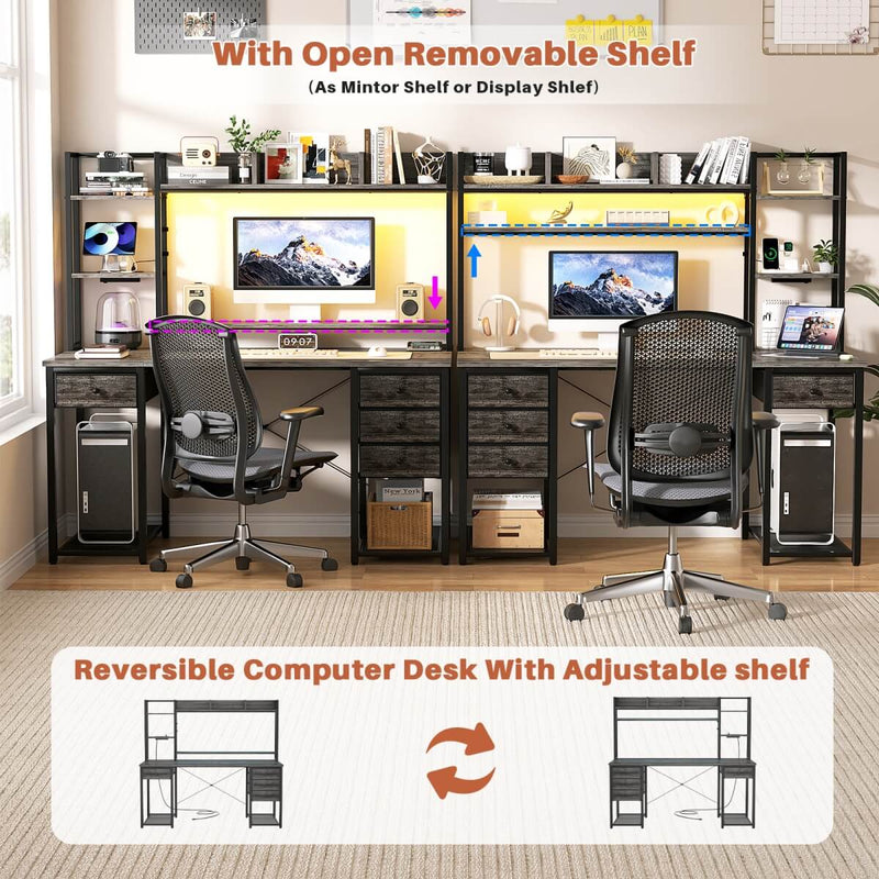 47.2'' Gaming Desk with Hutch, LED & Outlets | Reversible Office Desk with Drawers