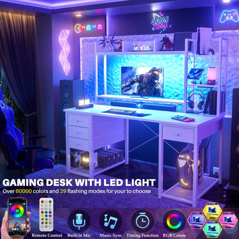 47.2'' Gaming Desk with Hutch, LED & Outlets | Reversible Office Desk with Drawers