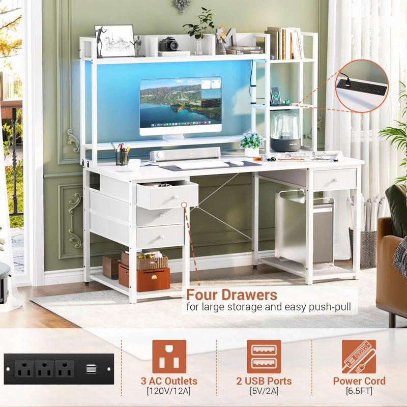 47.2'' Gaming Desk with Hutch, LED & Outlets | Reversible Office Desk with Drawers