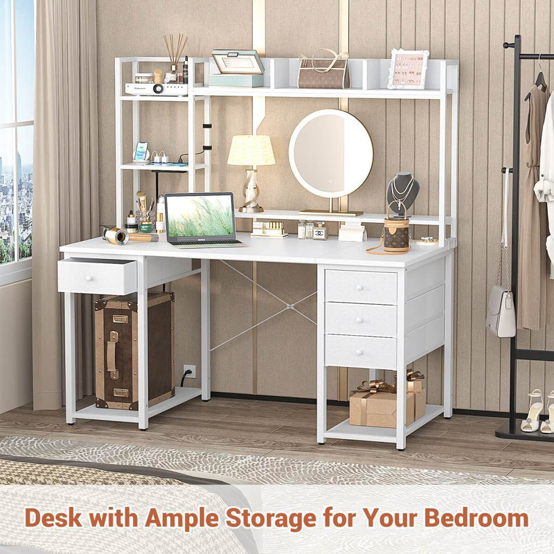 47.2'' Gaming Desk with Hutch, LED & Outlets | Reversible Office Desk with Drawers