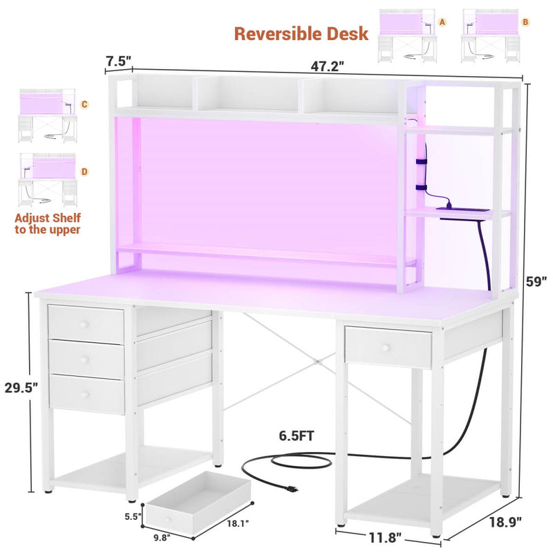 47.2'' Gaming Desk with Hutch, LED & Outlets | Reversible Office Desk with Drawers