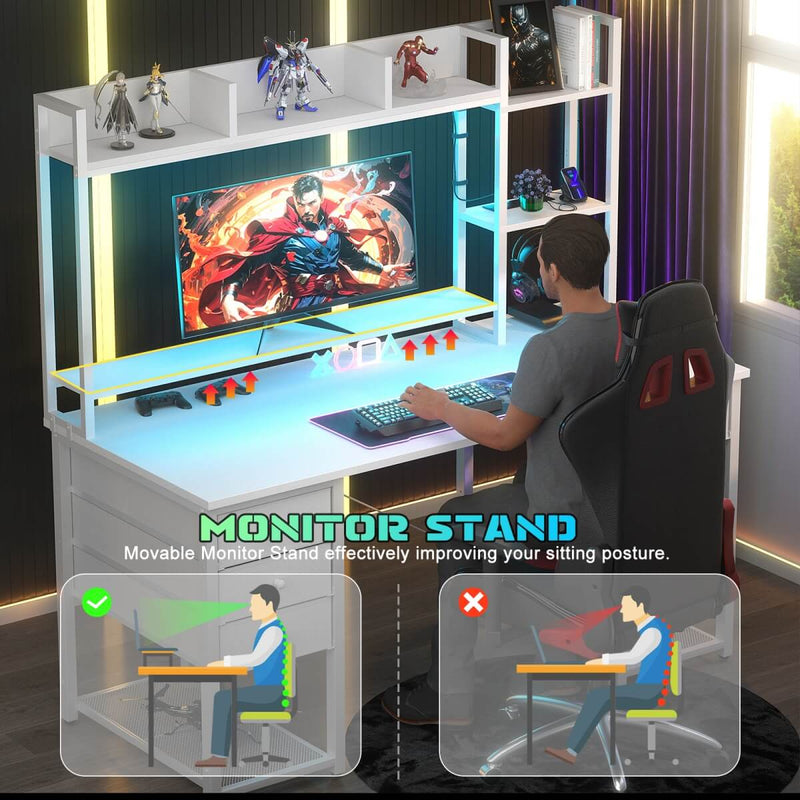 47.2'' Gaming Desk with Hutch, LED & Outlets | Reversible Office Desk with Drawers