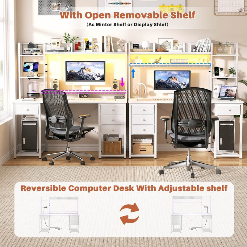 47.2'' Gaming Desk with Hutch, LED & Outlets | Reversible Office Desk with Drawers