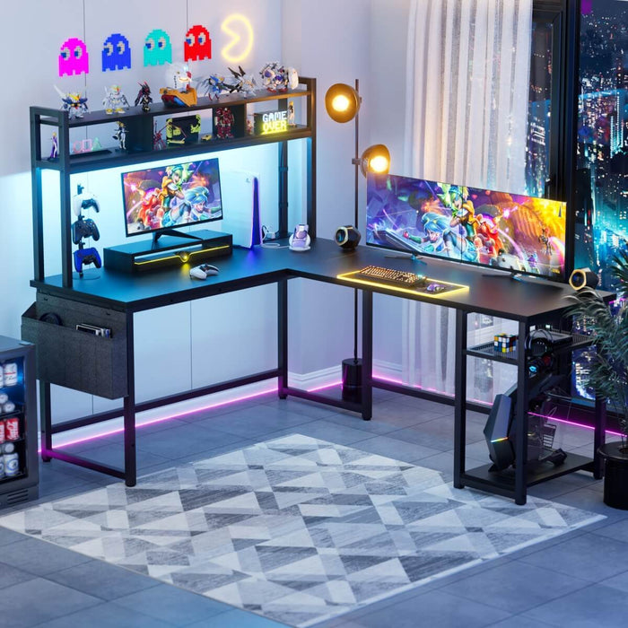 L Shaped Desk with Hutch, Outlets & LED Light, Reversible